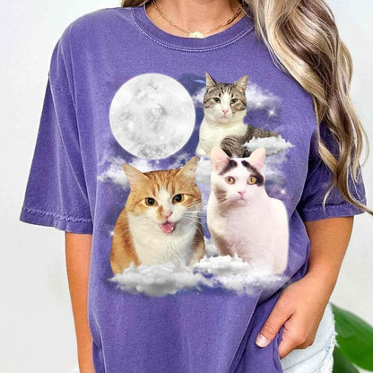 Customized Photo Cat And Moon Comfortable Color Shirt, Cat Lover T-Shirt