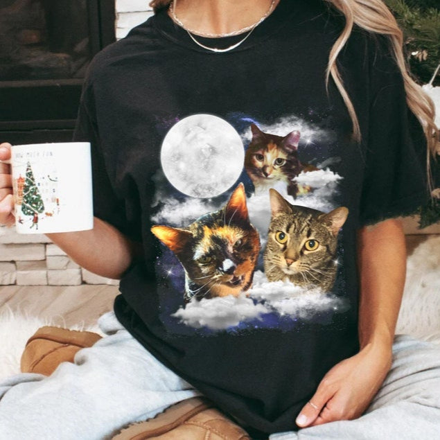 Customized Photo Cat And Moon Comfortable Color Shirt, Cat Lover T-Shirt
