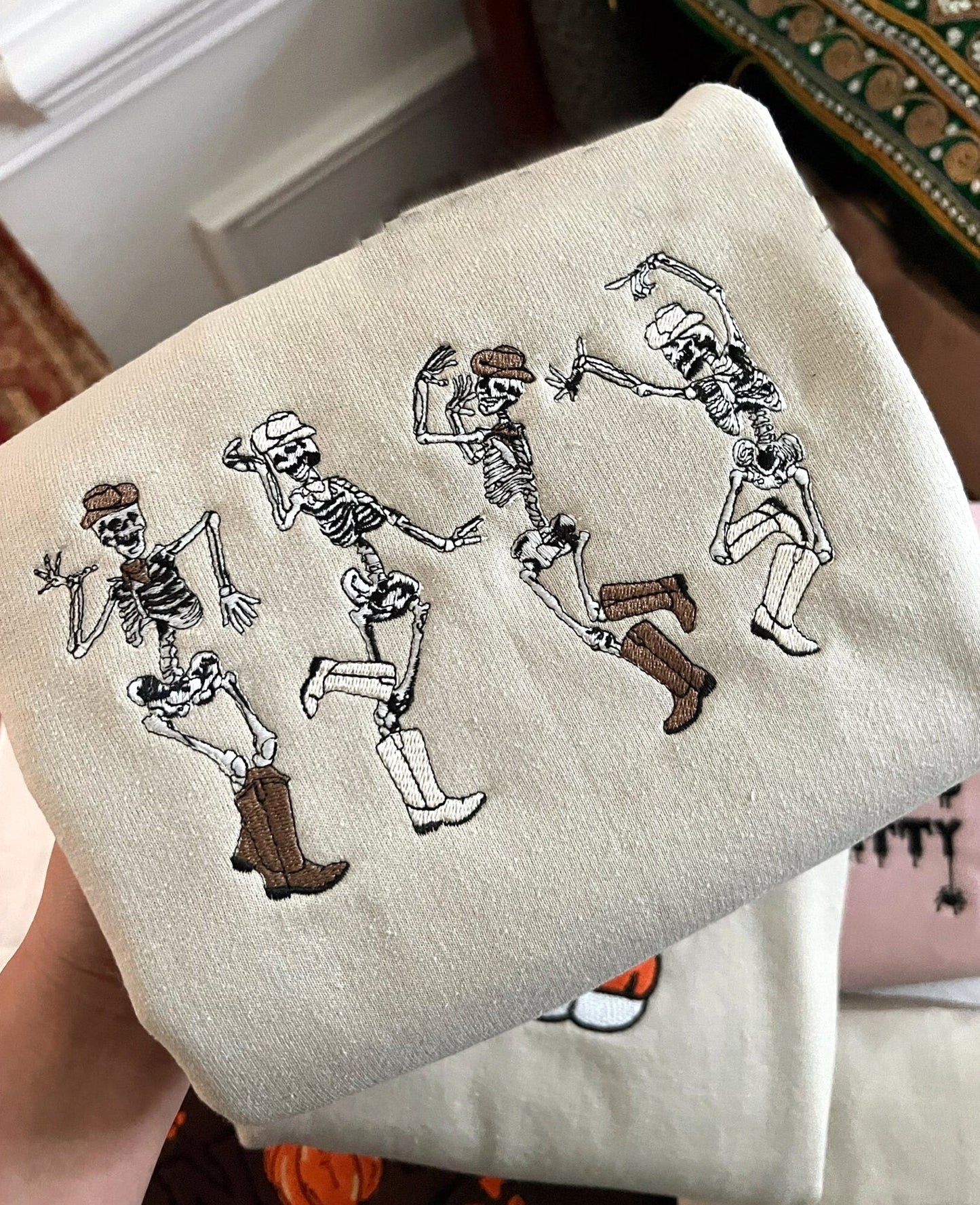 🎃🔥（Best seller）Cowboy Skeletons Sweatshirt Embroidered, Dainty Dancing Skeletons Sweatshirt, Spooky Season